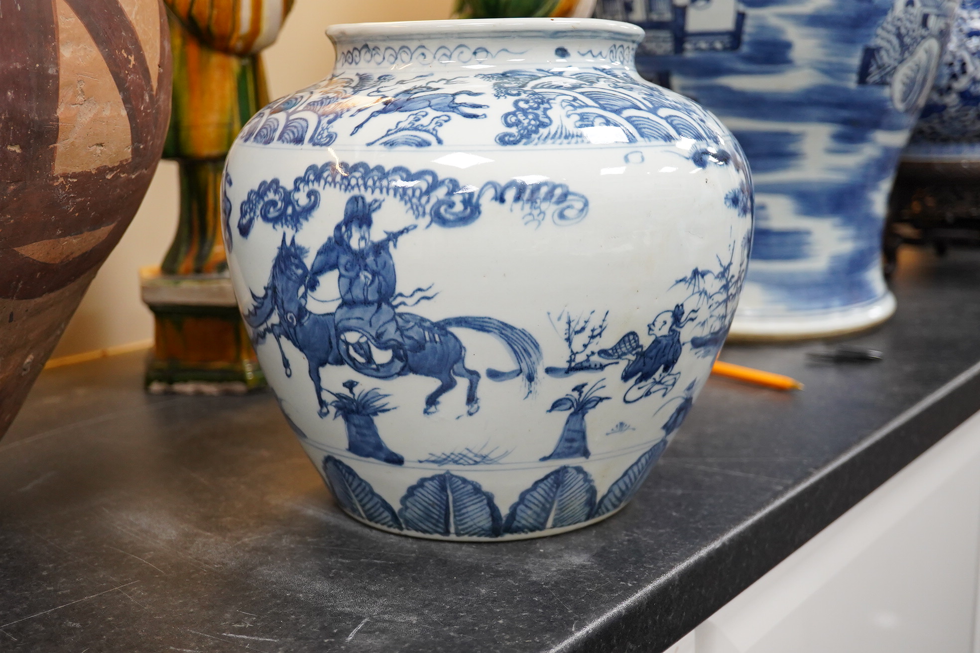 A Chinese blue and white ovoid jar, guan, Ming style